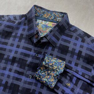 Robert Graham M Geometric Plaid Flip Cuff Long Sleeve Shirt Navy Blue Classic